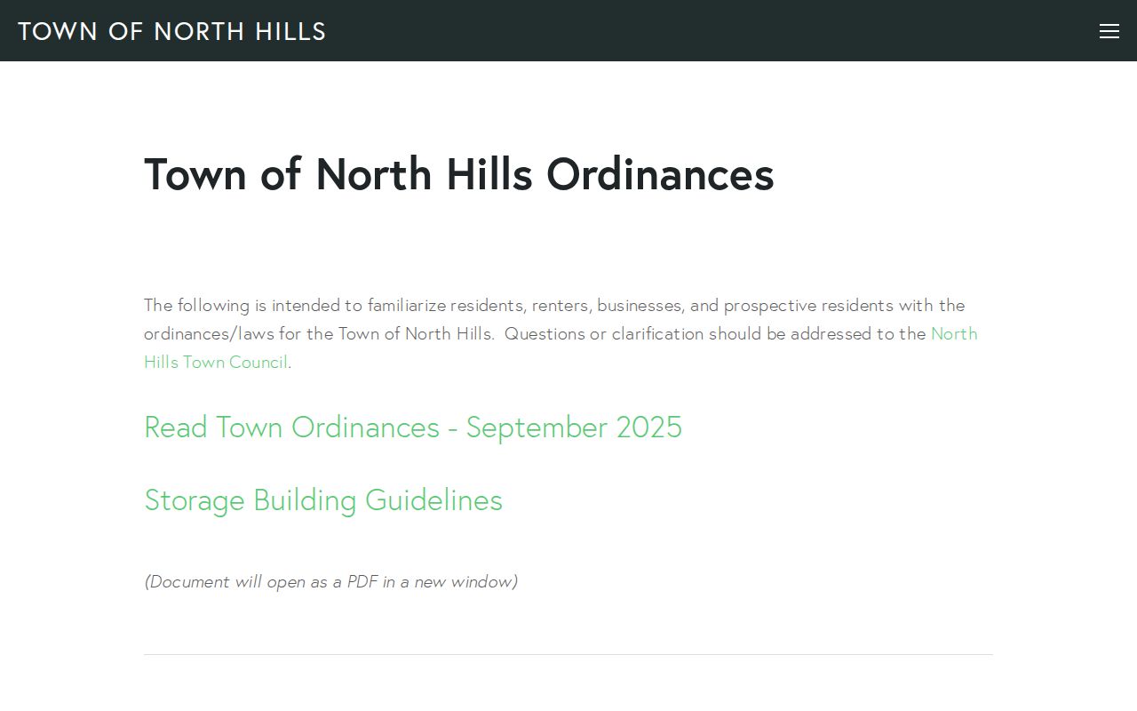 North Hills ordinance page, which is a town record source rather than a court docket search